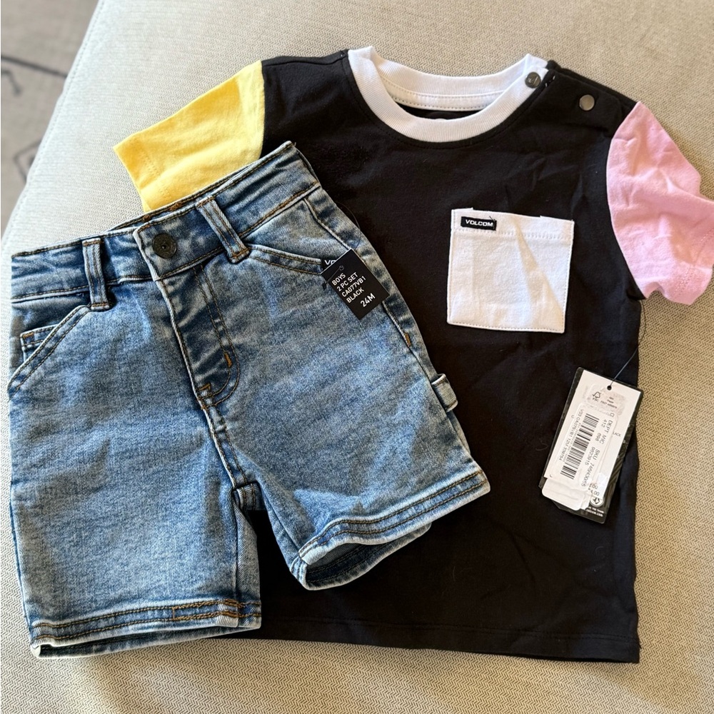 Volcom Toddler Boy Outfit Set – Colorblock Tee + Denim Shorts – 2T – NWT